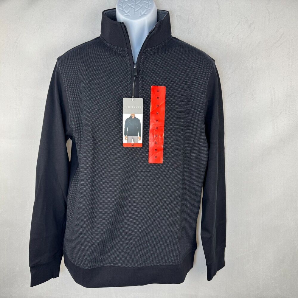 Ted Baker Men Black Sweater Sz M Pullover 1/4 Zip Long Sleeve NWT B2012